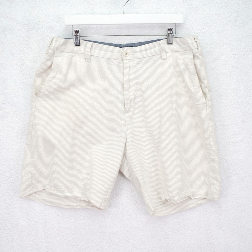 Nautica Seersucker Cotton Shorts "A Bit Trimmer" Cream Tan Striped 36 / 8 Mid Ri